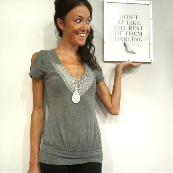 Guess Jeans Beaded Grey Blouse, Cold Shoulder - Picture 3 of 9